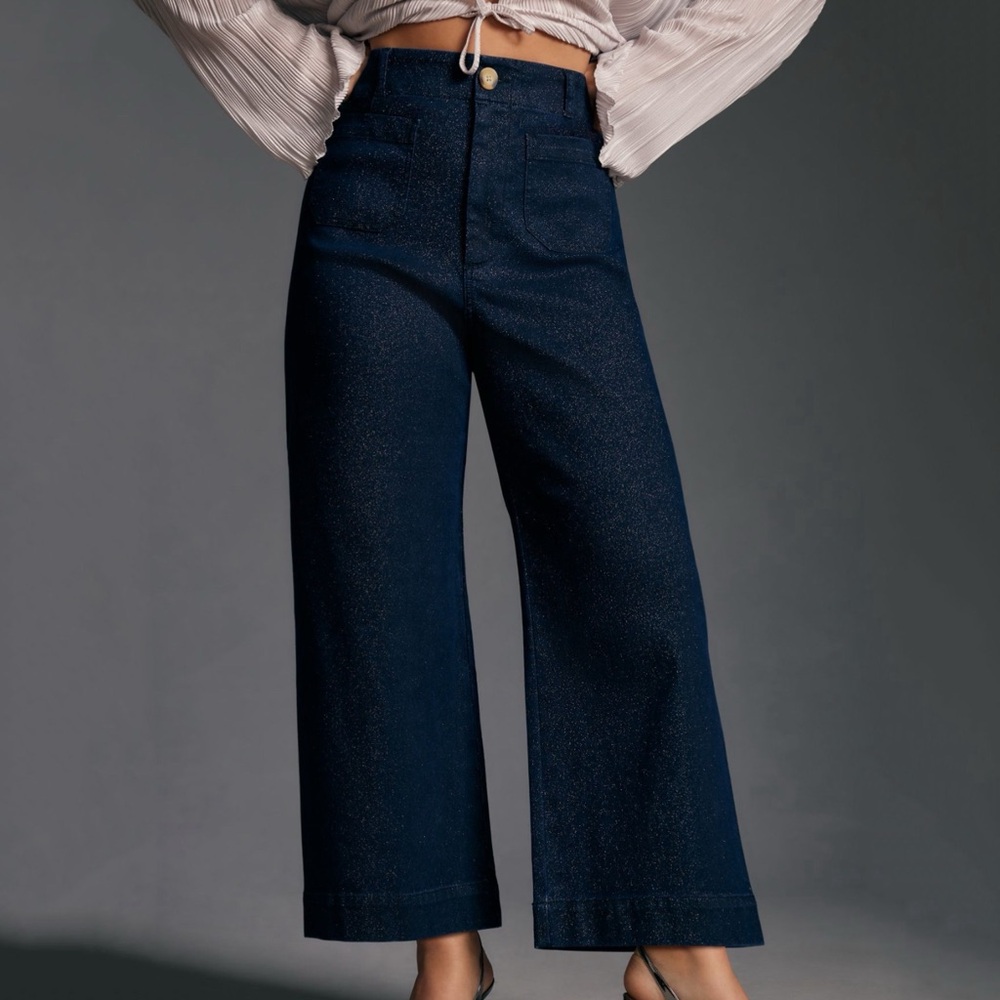 NWT Anthropologie The Colette Sparkle Denim Cropped Wide Leg Jeans Tall